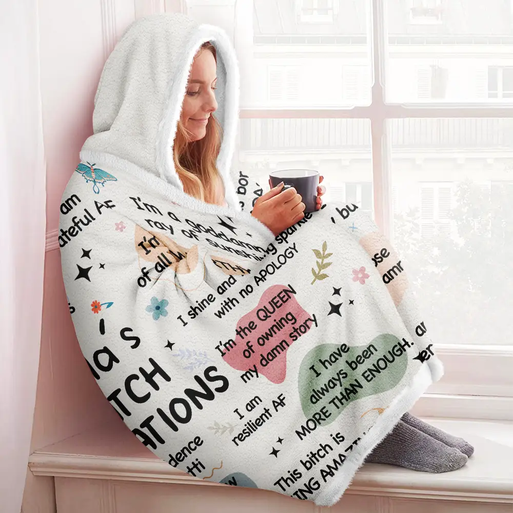 Gift For Yourself, Gift For Women - Girl's Daily Affirmations - Personalized Wearable Hooded Blanket