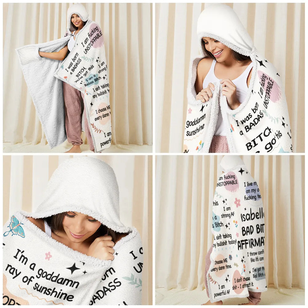 Gift For Yourself, Gift For Women - Girl's Daily Affirmations - Personalized Wearable Hooded Blanket