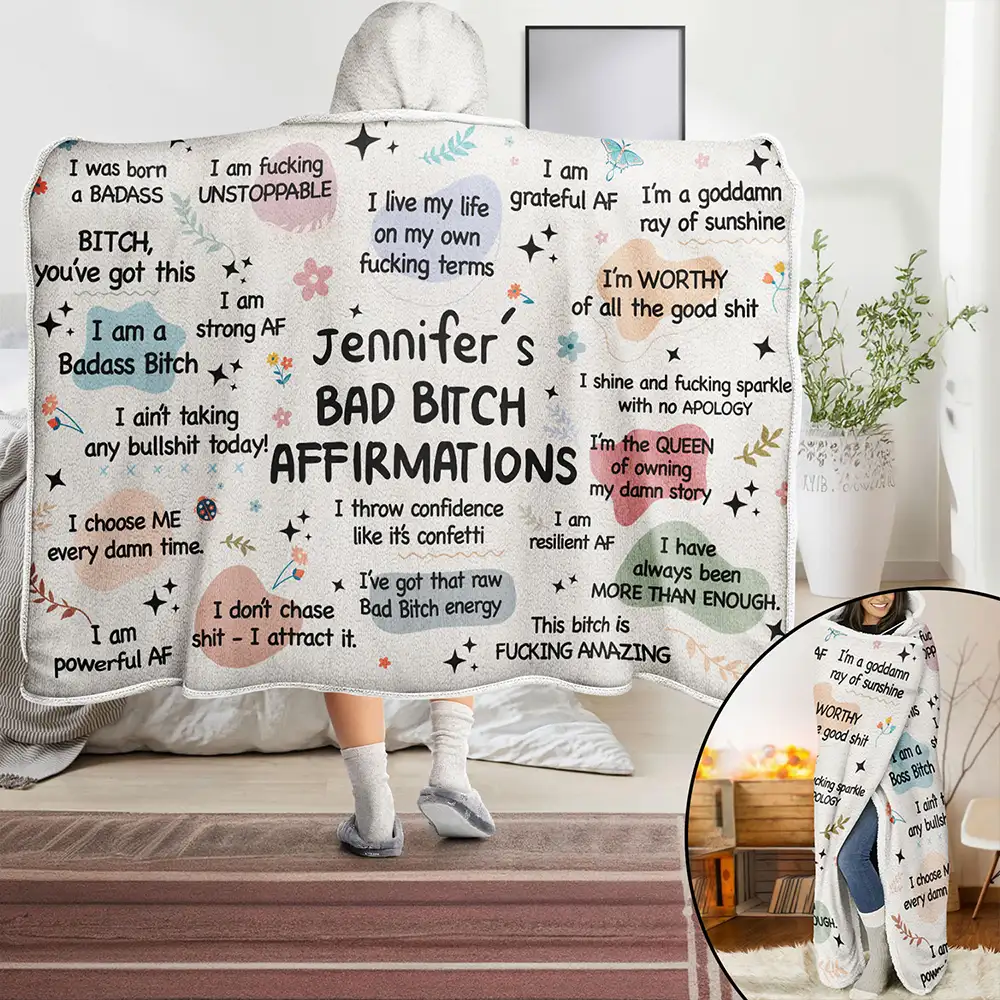 Gift For Yourself, Gift For Women - Girl's Daily Affirmations - Personalized Wearable Hooded Blanket