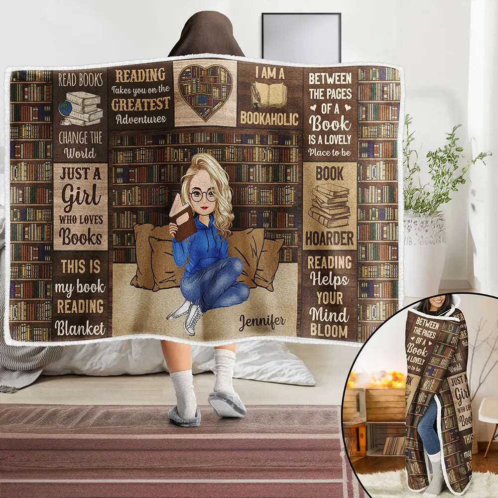 Reading, Gift For Yourself - My Reading Blanket Just A Girl Who Loves Books - Personalized Wearable Hooded Blanket
