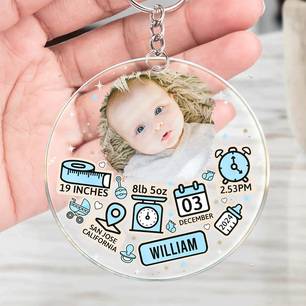 Gift For Mother, New baby, New Mom, Gift For Kids - Custom Photo Baby Newborn Information Icon - Personalized Acrylic Keychain
