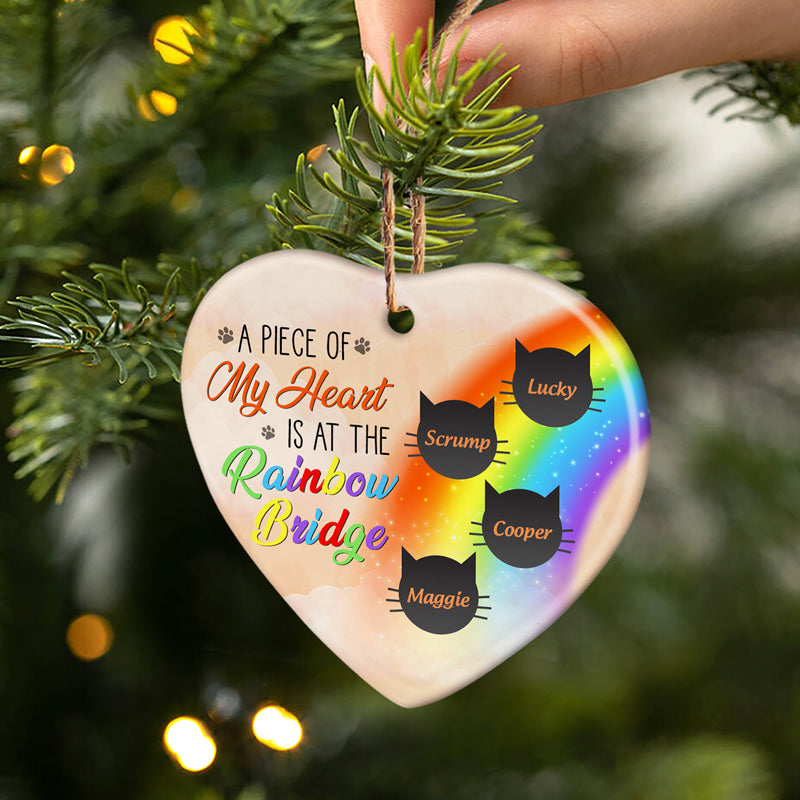 A Piece Of My Heart Is At The Rainbow Bridge - Cat Memorial Gift - Personalized Custom Heart Ceramic Ornament