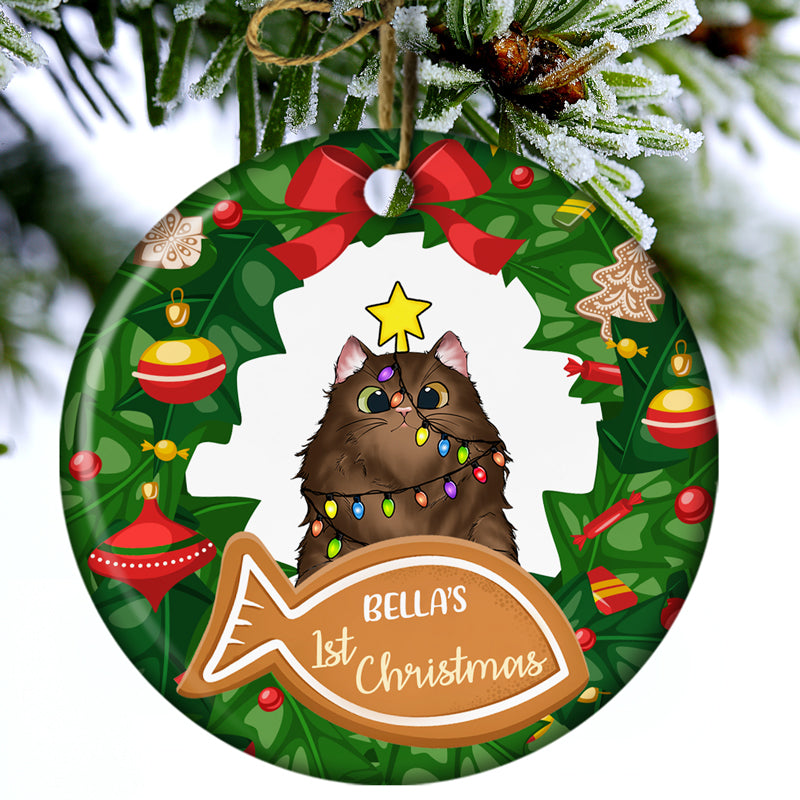 Cat First Christmas - Cat Lovers Christmas Gift - Personalized Custom Circle Ceramic Ornament