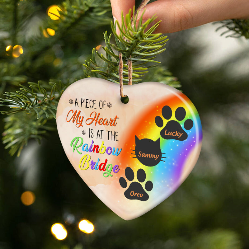 My Heart Is At The Rainbow Bridge Dog Cat - Pet Memorial Gift - Personalized Custom Heart Ceramic Ornament