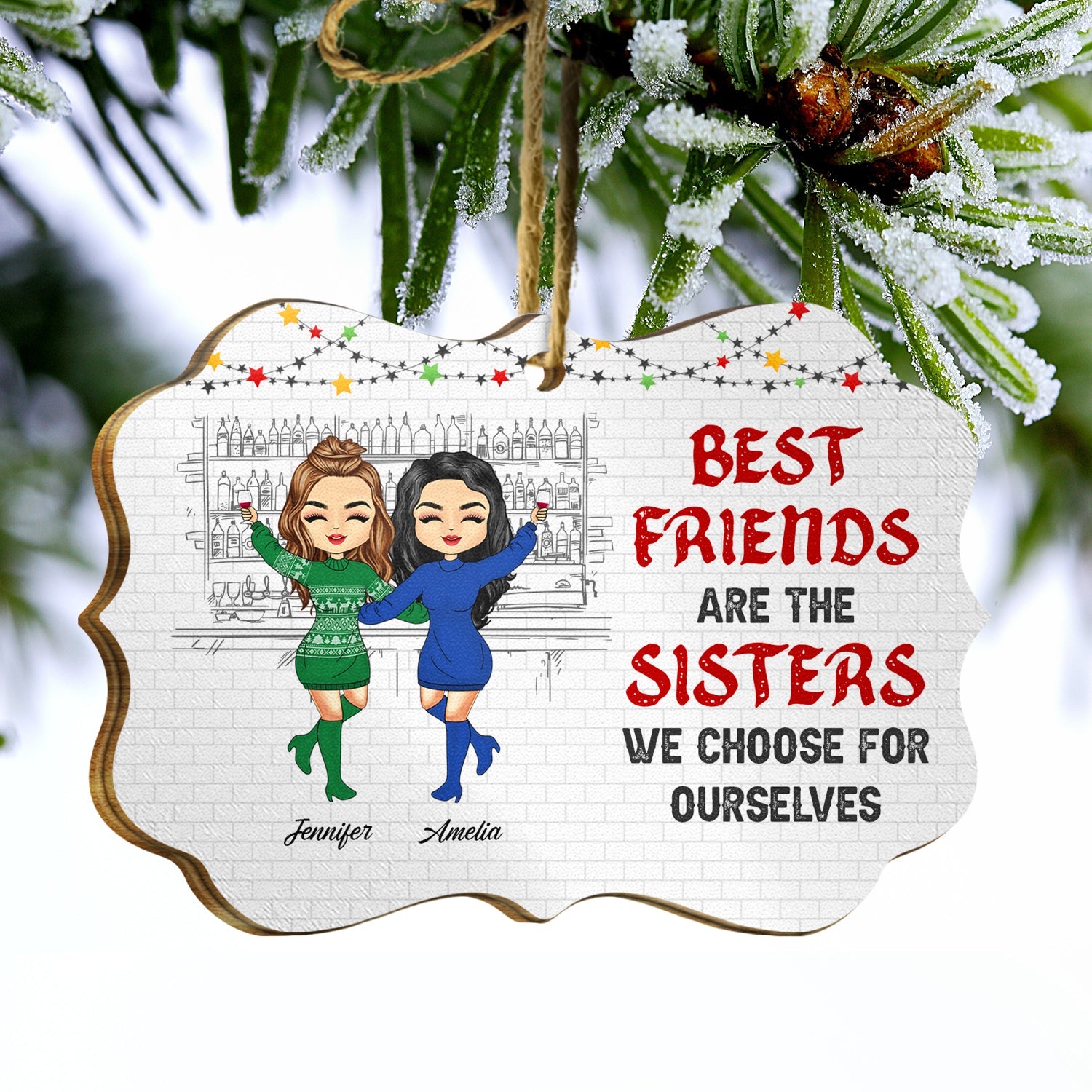 BFF Bonding Over Alcohol - Christmas Gift For Bestie - Personalized Wooden Ornament