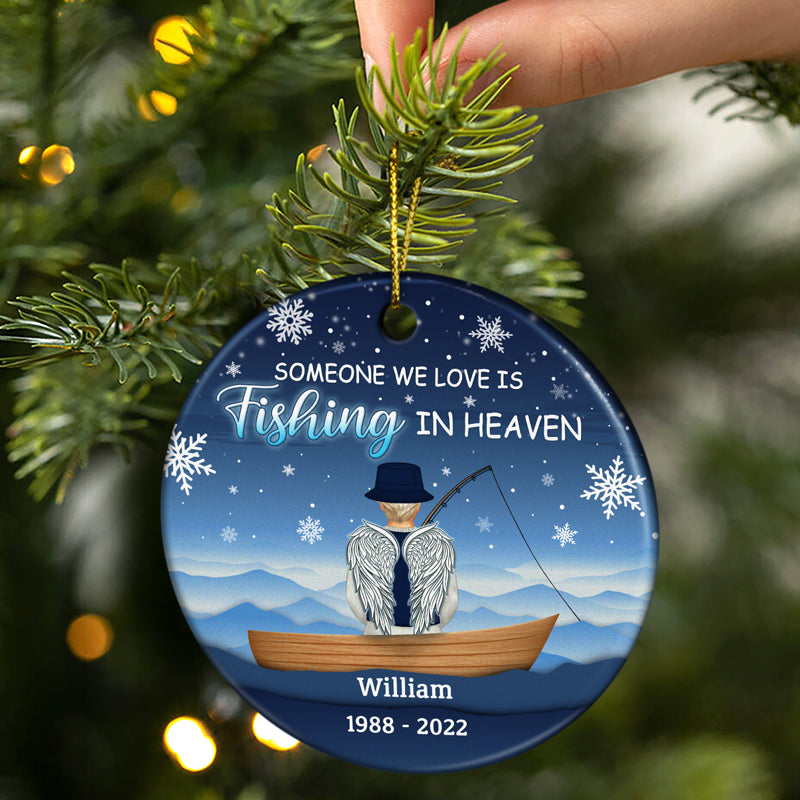 Gone Fishing In Heaven Christmas - Family Memorial Gift - Personalized Custom Circle Ceramic Ornament