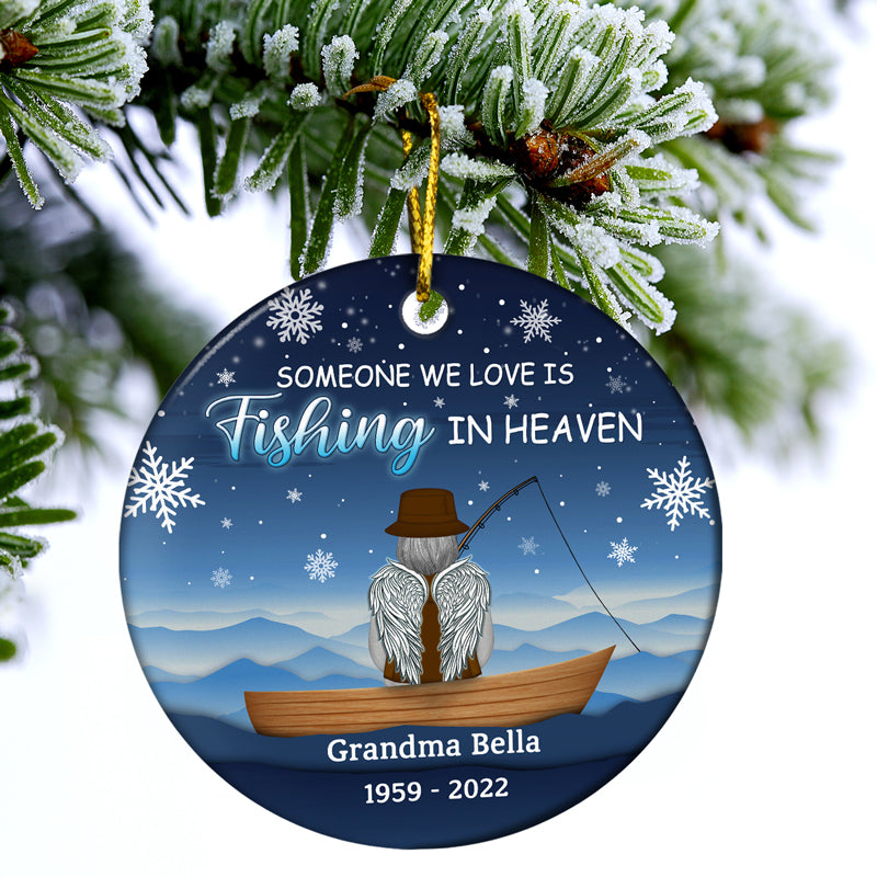 Gone Fishing In Heaven Christmas - Family Memorial Gift - Personalized Custom Circle Ceramic Ornament