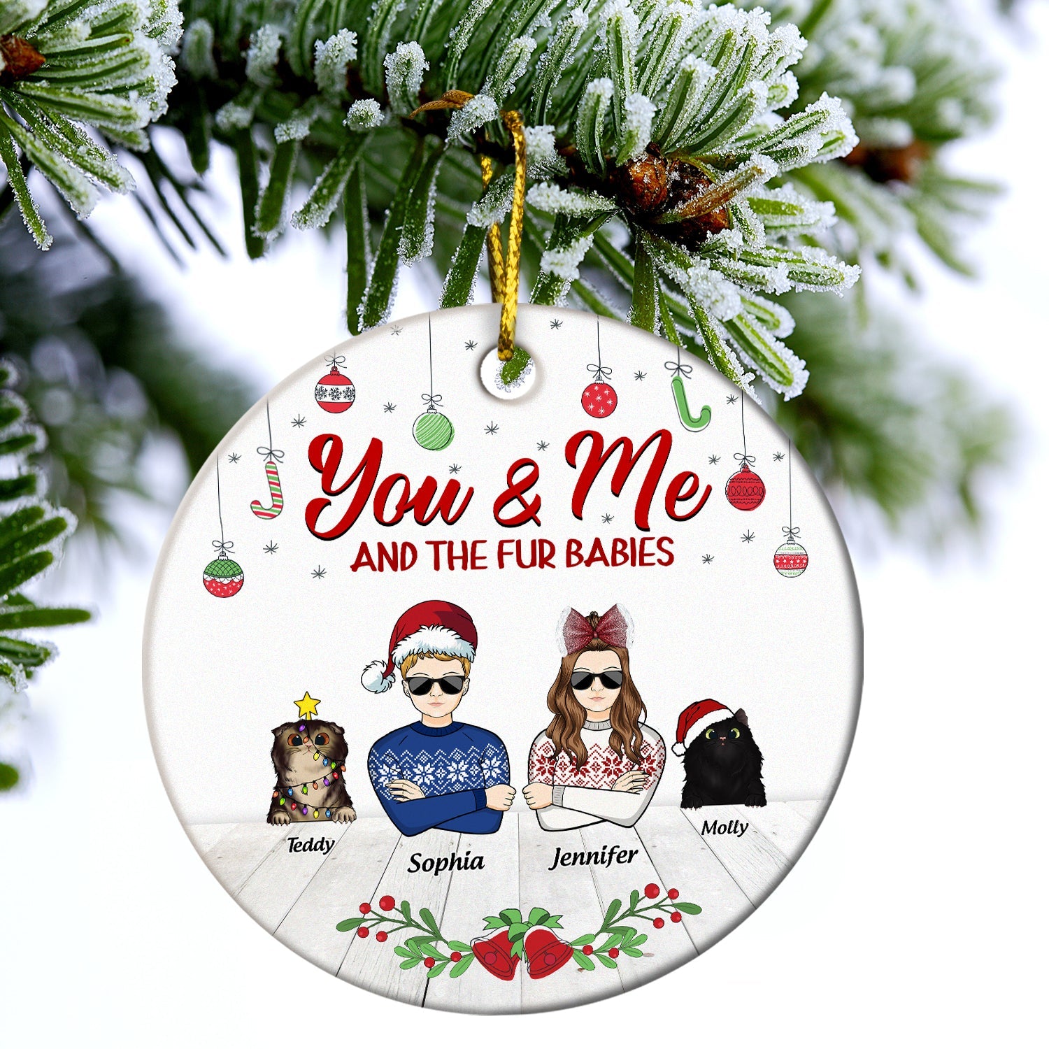 Couple You & Me And The Fur Babies - Christmas Gift For Dog & Cat Lovers - Personalized Custom Circle Ceramic Ornament