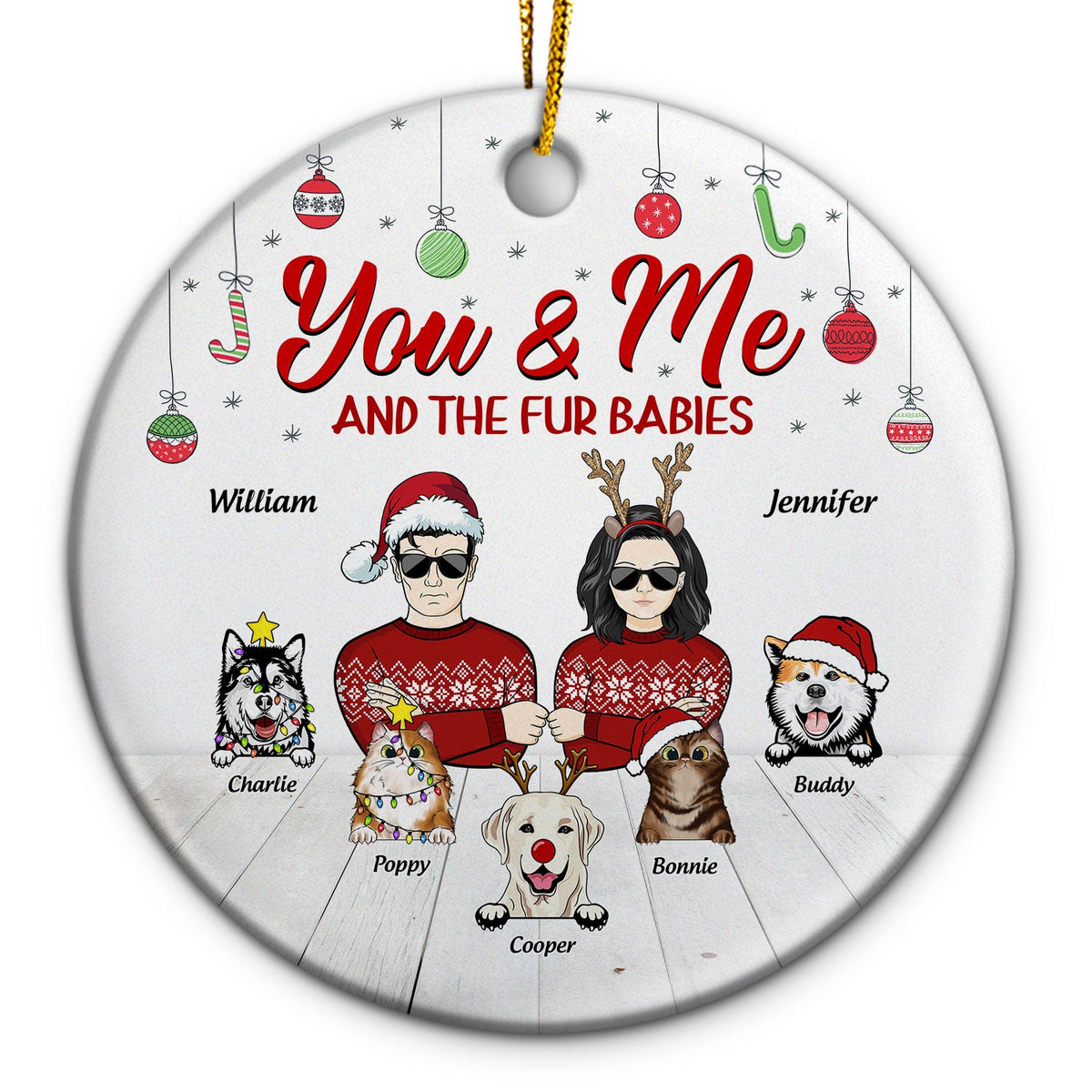 Couple You & Me And The Fur Babies - Christmas Gift For Dog & Cat Lovers - Personalized Custom Circle Ceramic Ornament