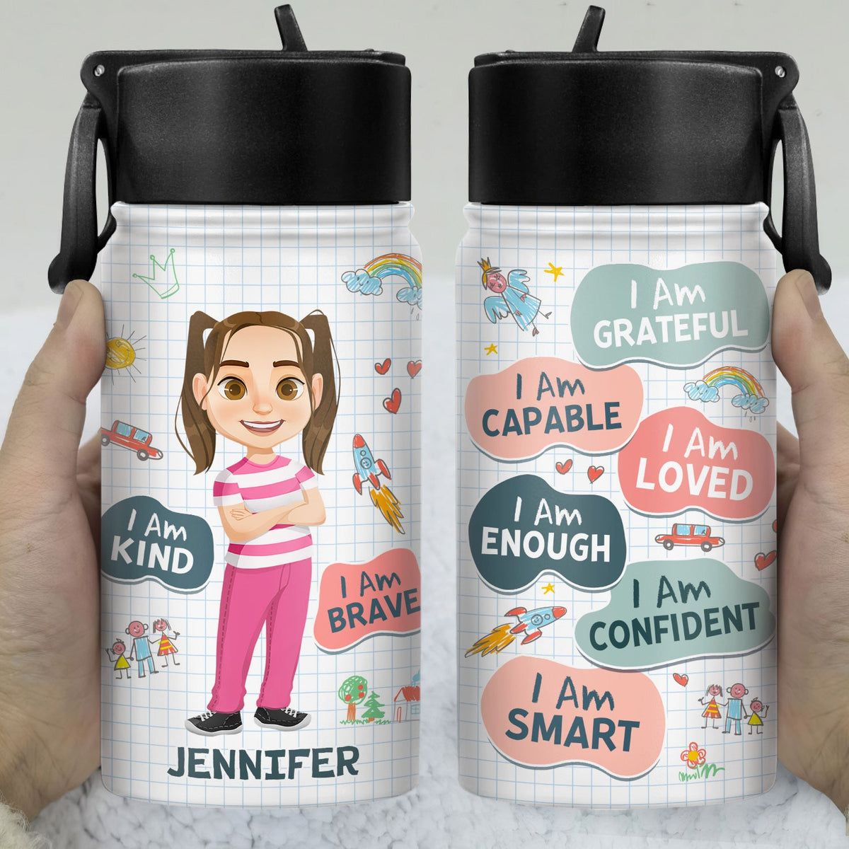 I Am Kind Smart Brave Affirmations - Gift For Kid, Back To School Gift - Personalized Kids Water Bottle