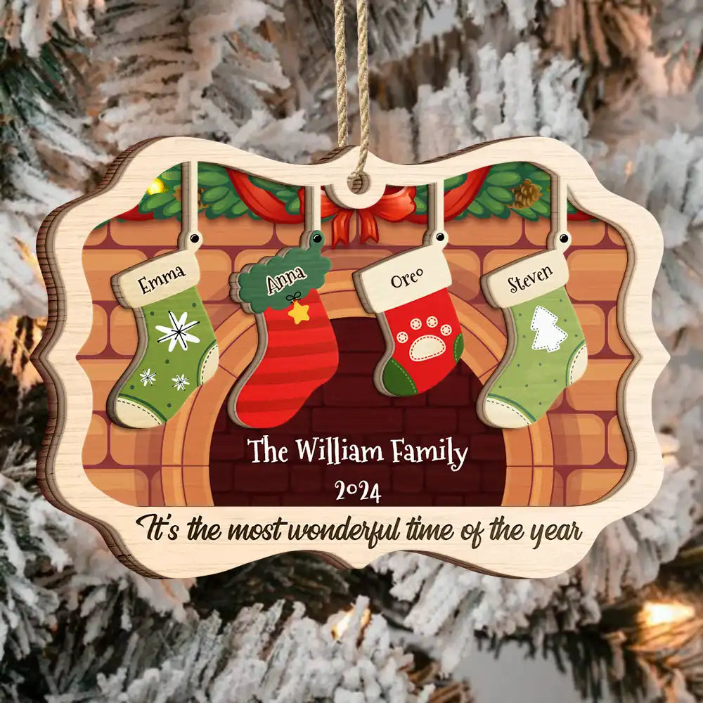 Stockings Hanging The Most Wonderful Time Of Year - Gift For Family - Personalized Custom 2-Layered Wooden Ornament