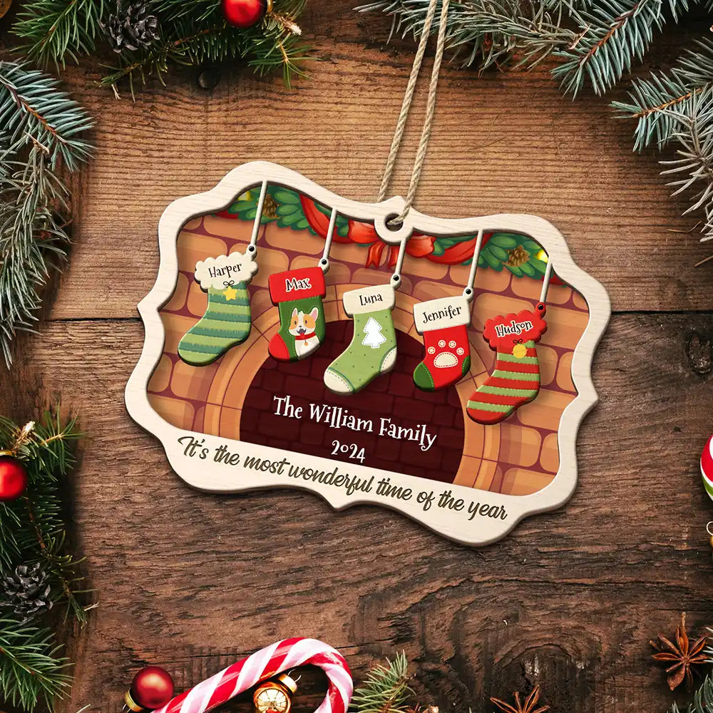 Stockings Hanging The Most Wonderful Time Of Year - Gift For Family - Personalized Custom 2-Layered Wooden Ornament