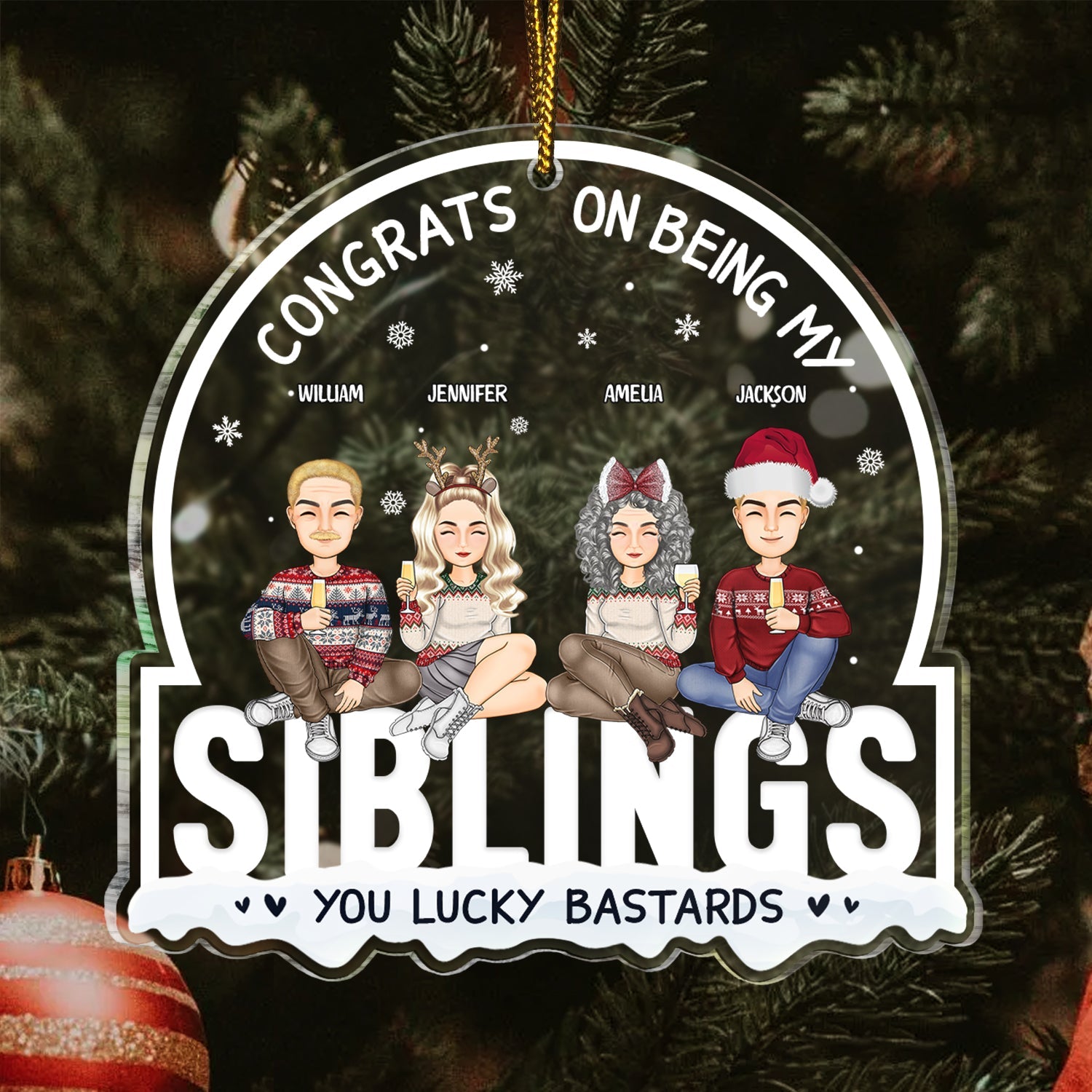 Christmas Cartoon Congrats On Being My Siblings - Gift For Brothers & Sisters - Personalized Custom Shaped Acrylic Ornament