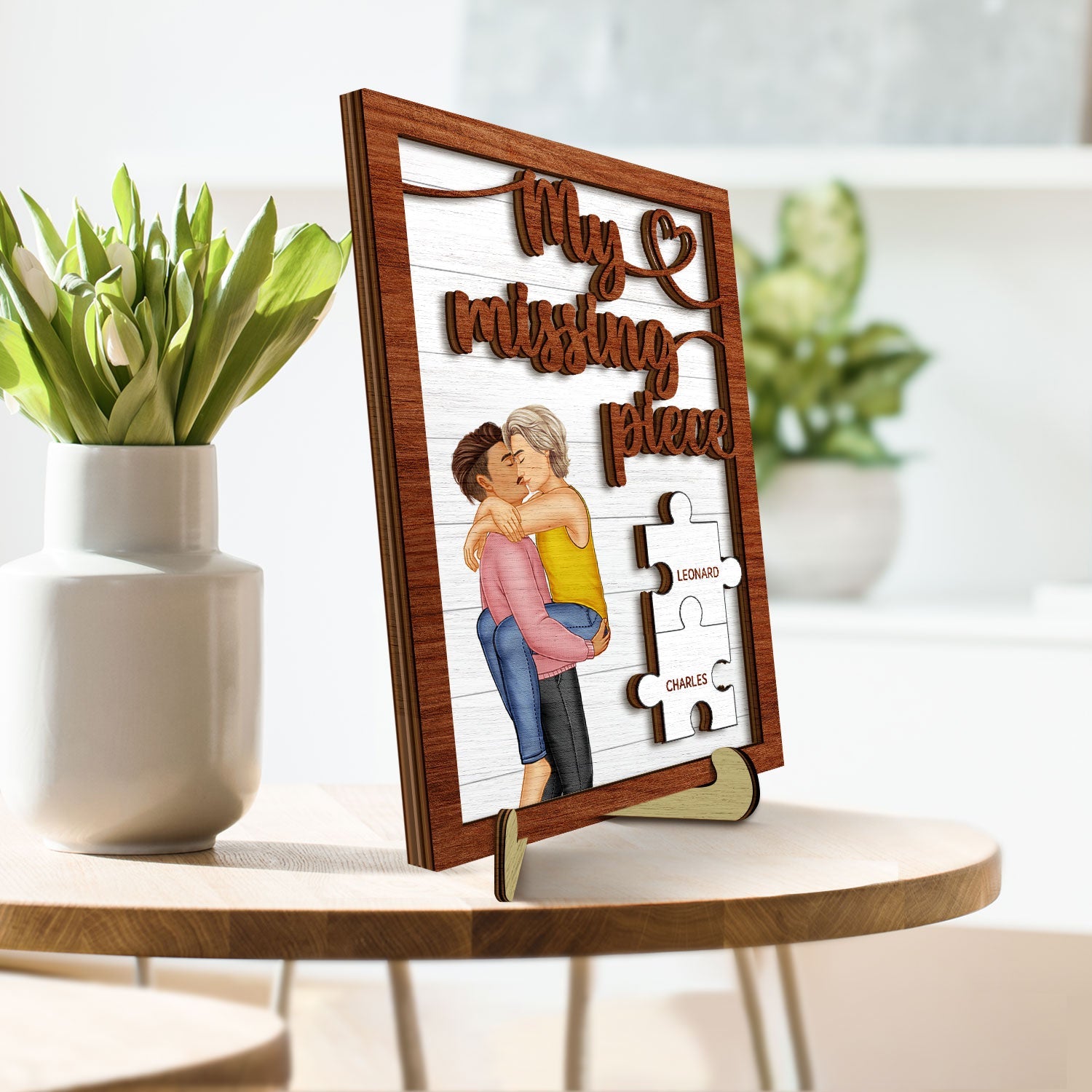 My Missing Piece Kissing Couple - Gift For Couples, Husband, Wife - Personalized 2-Layered Wooden Plaque With Stand