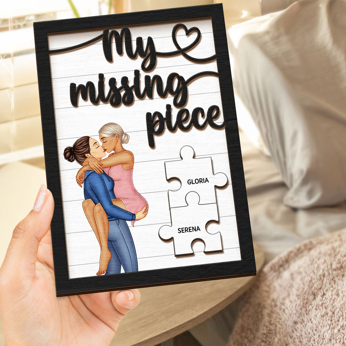 My Missing Piece Kissing Couple - Gift For Couples, Husband, Wife - Personalized 2-Layered Wooden Plaque With Stand