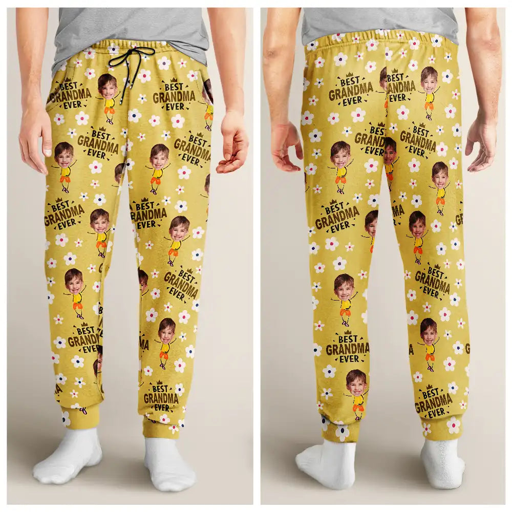 Custom Photo Best Mom Grandma Ever Flower Pattern - Personalized Pajama Pants