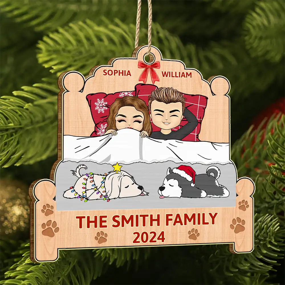 Christmas Family Lying On The Bed - Personalized Custom Shaped Wooden Ornament