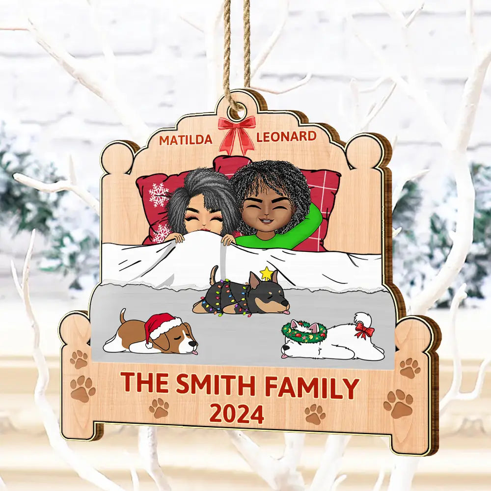 Christmas Family Lying On The Bed - Personalized Custom Shaped Wooden Ornament