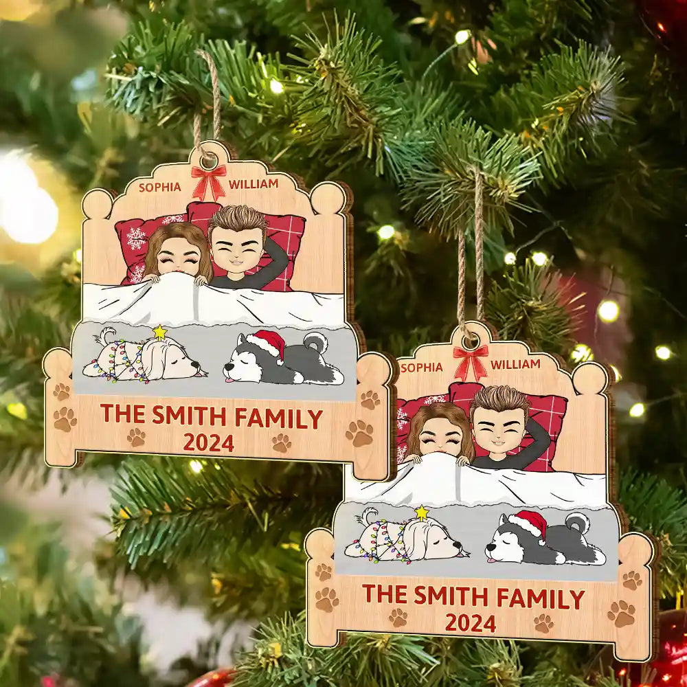 Christmas Family Lying On The Bed - Personalized Custom Shaped Wooden Ornament