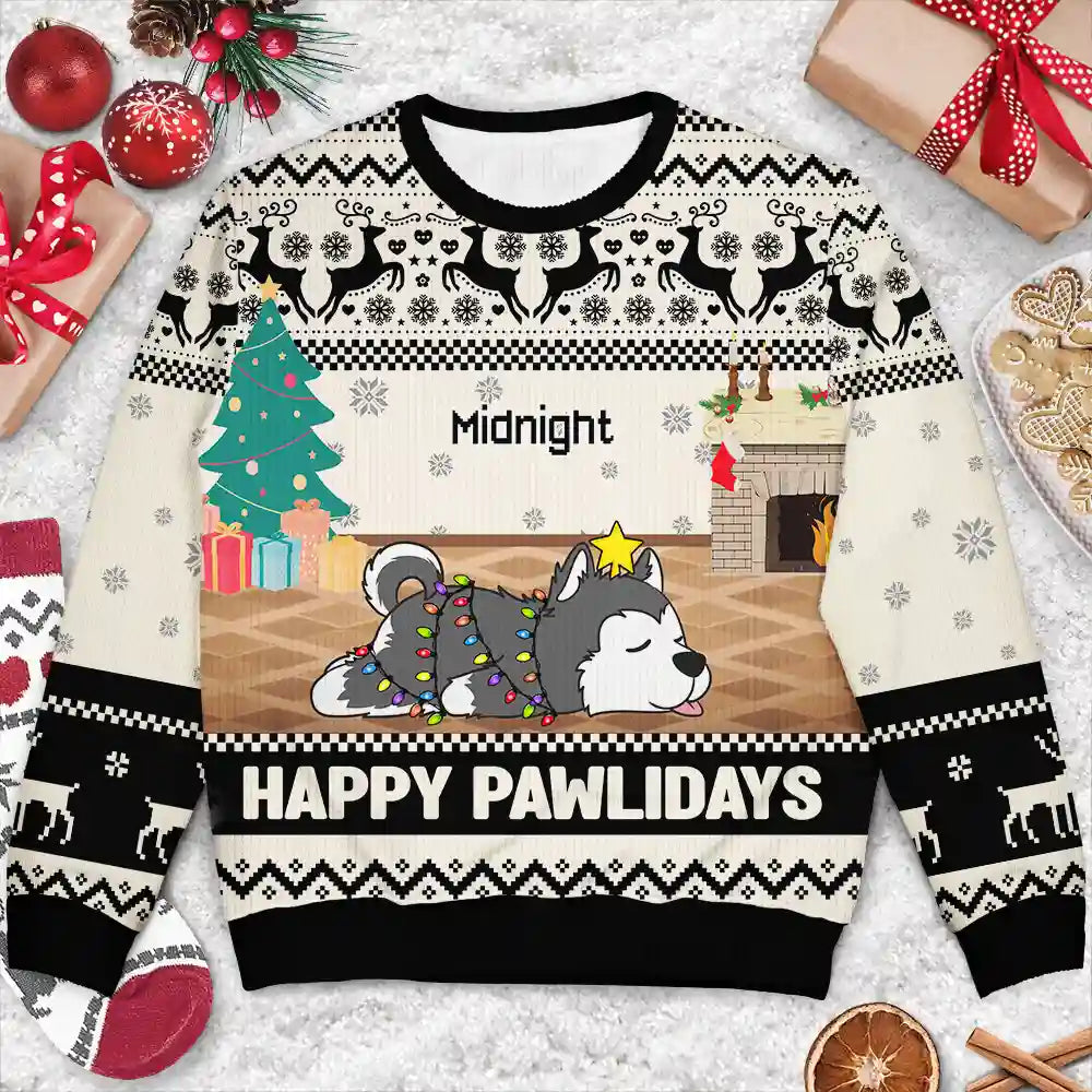 Christmas Lying Dog Happy Pawlidays - Personalized Unisex Ugly Sweater