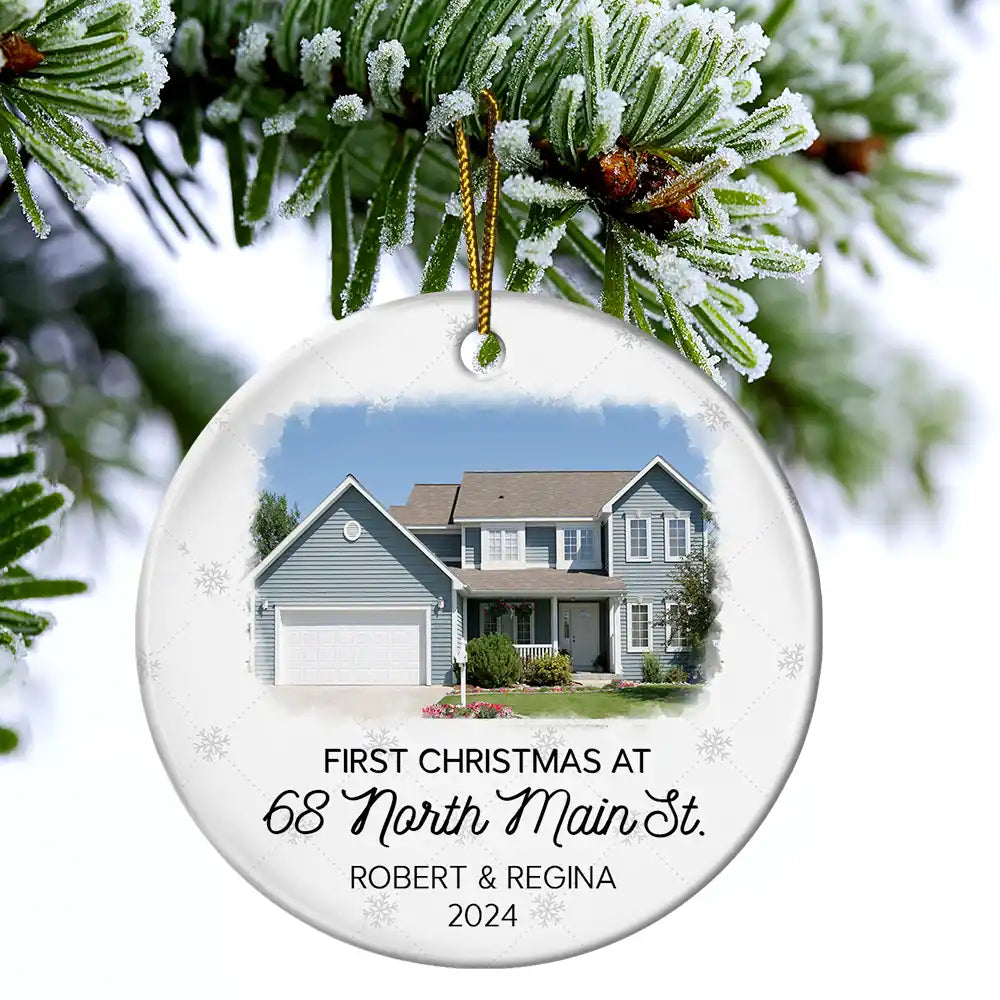 Custom Photo First Christmas At New Home Couple Family - Personalized Circle Ceramic Ornament