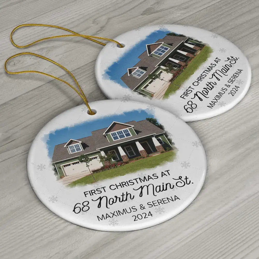 Custom Photo First Christmas At New Home Couple Family - Personalized Circle Ceramic Ornament