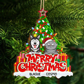 Merry Christmas Funny Cartoon Dog Cat - Personalized 2-Layered Wooden Ornament