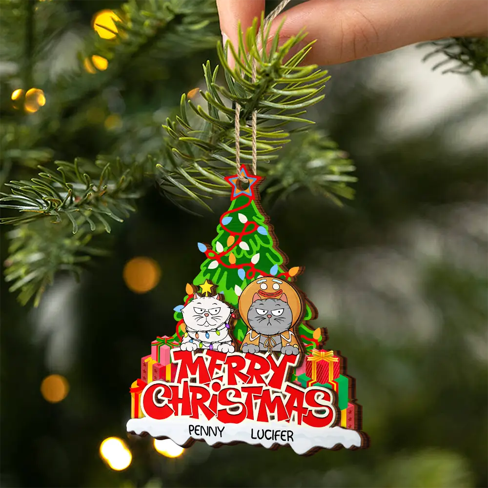 Merry Christmas Funny Cartoon Dog Cat - Personalized 2-Layered Wooden Ornament