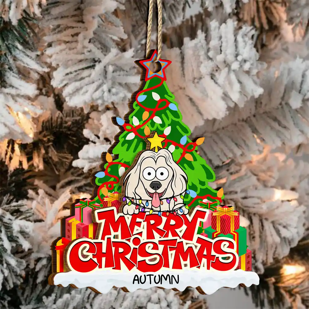 Merry Christmas Funny Cartoon Dog Cat - Personalized 2-Layered Wooden Ornament