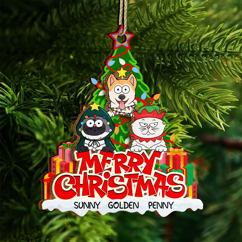 Merry Christmas Funny Cartoon Dog Cat - Personalized 2-Layered Wooden Ornament