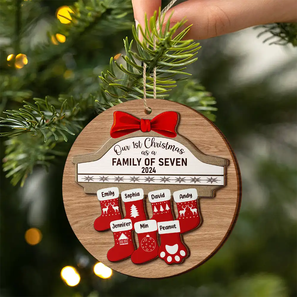 First Christmas As A Family Of Four Stocking Family - Personalized 2-Layered Wooden Ornament