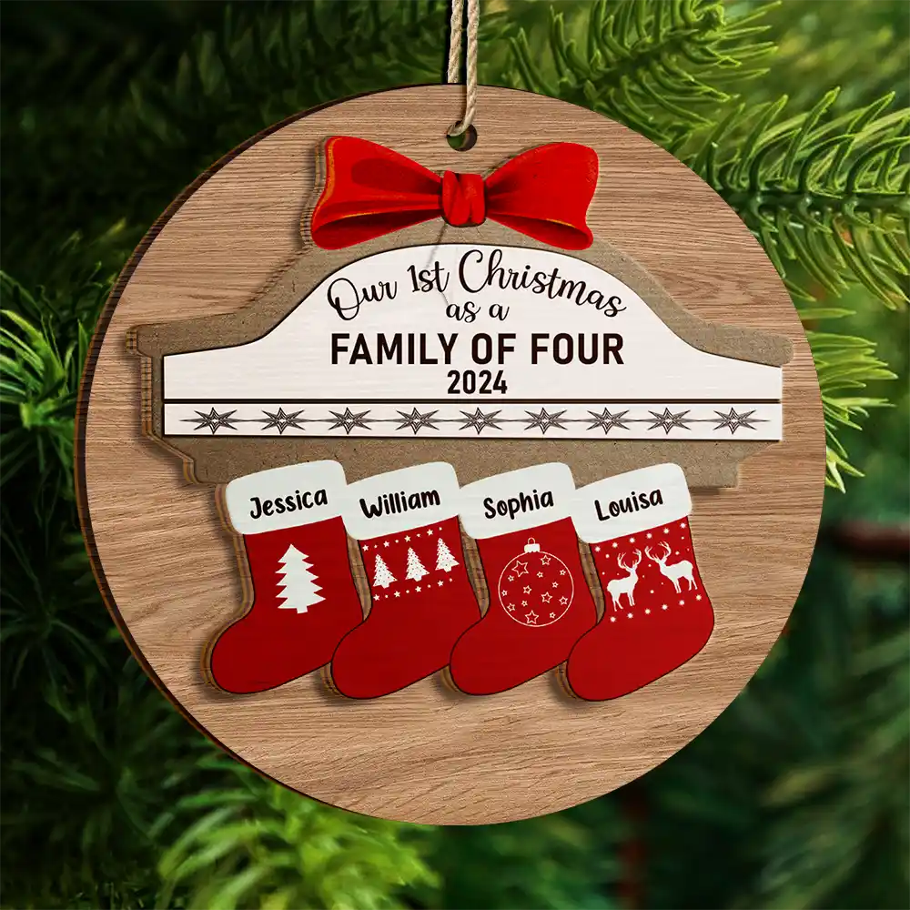 First Christmas As A Family Of Four Stocking Family - Personalized 2-Layered Wooden Ornament