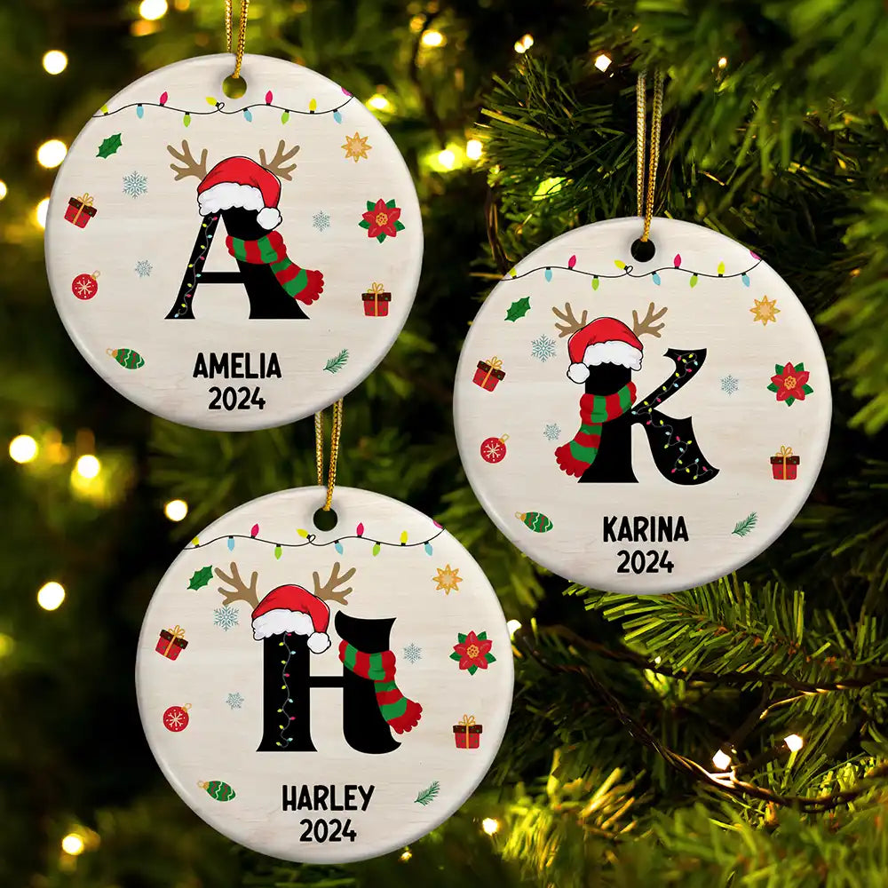 Name Monogram Christmas Family - Personalized Combo Circle Ceramic Ornament Set