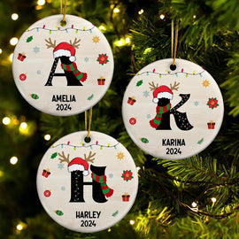 Name Monogram Christmas Family - Personalized Combo Circle Ceramic Ornament Set