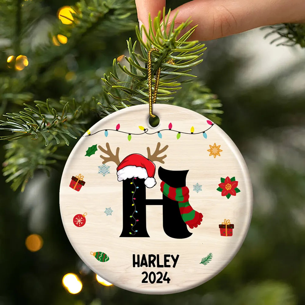 Name Monogram Christmas Family - Personalized Combo Circle Ceramic Ornament Set