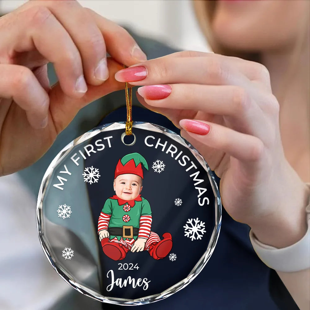 Custom Photo Baby's First Christmas Costumes - Personalized Circle Glass Ornament