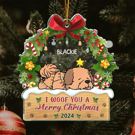 Dog Lovers - I Woof You A Merry Christmas Lying Dog - Personalized Custom Shaped Acrylic Ornament