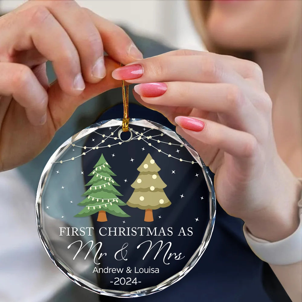 Gift For Couples - Christmas Tree First Christmas Married - Personalized Circle Glass Ornament