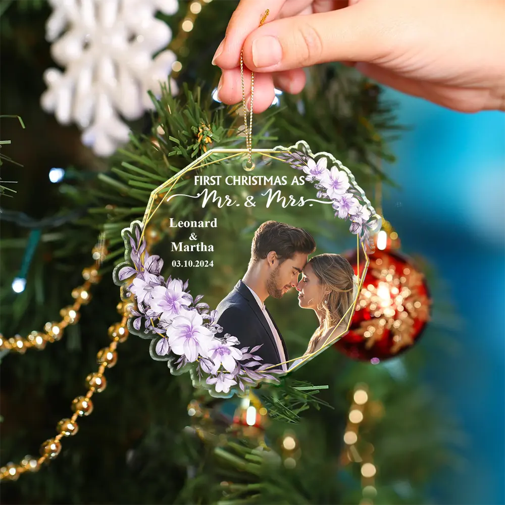 Gift For Couples - Custom Photo First Christmas Married - Personalized Custom Shaped Acrylic Ornament