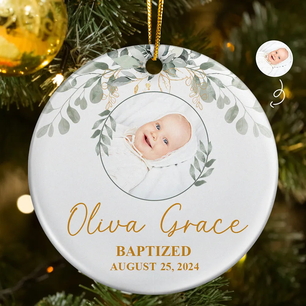 Christmas,Happy,Custom Photo,New baby,Gift For Kids,Parents - Custom Photo Baptized Baby - Personalized Circle Ceramic Ornament