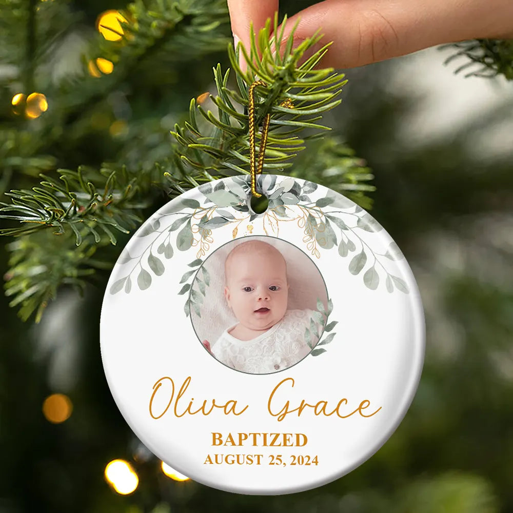 Christmas,Happy,Custom Photo,New baby,Gift For Kids,Parents - Custom Photo Baptized Baby - Personalized Circle Ceramic Ornament