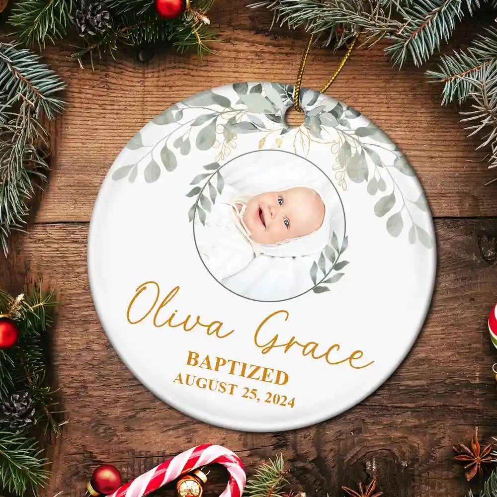 Christmas,Happy,Custom Photo,New baby,Gift For Kids,Parents - Custom Photo Baptized Baby - Personalized Circle Ceramic Ornament