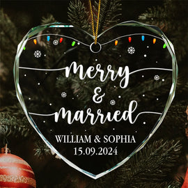 Merry & Married Christmas - Personalized Heart Shaped Glass Ornament