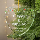 Merry & Married Christmas - Personalized Heart Shaped Glass Ornament