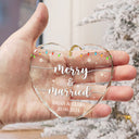 Merry & Married Christmas - Personalized Heart Shaped Glass Ornament