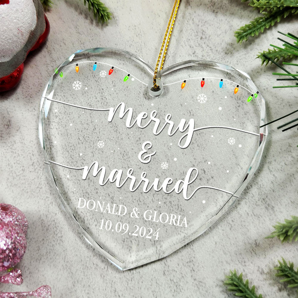 Merry & Married Christmas - Personalized Heart Shaped Glass Ornament