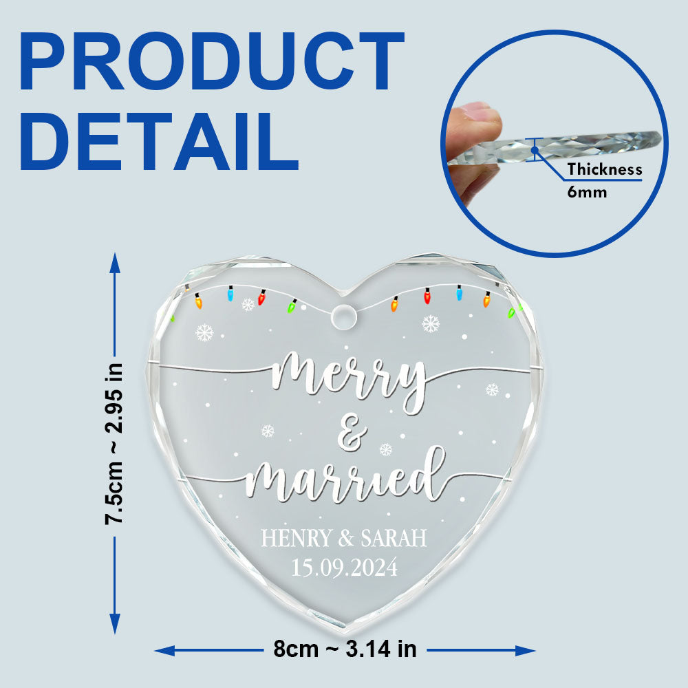 Merry & Married Christmas - Personalized Heart Shaped Glass Ornament