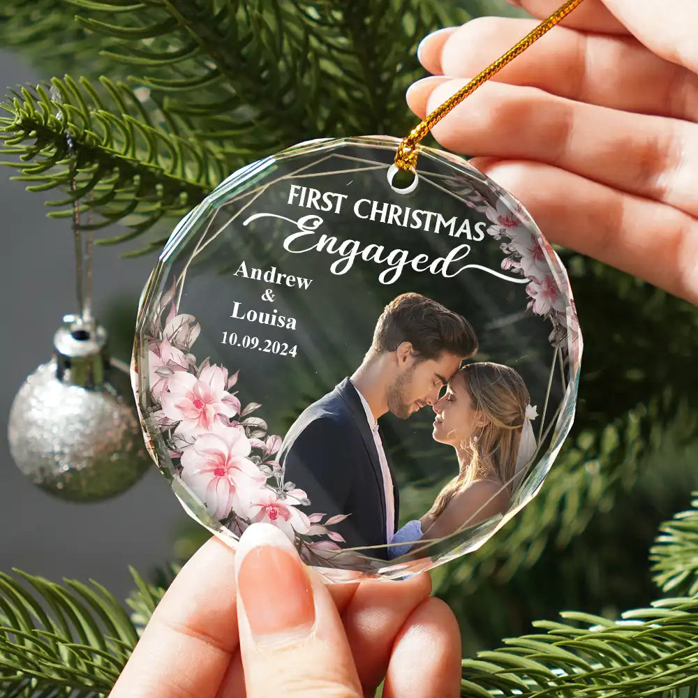 Gift For Couples, Gift For Husband, Gift For Wife, Wedding - Custom Photo First Christmas Married - Personalized Glass Ornament