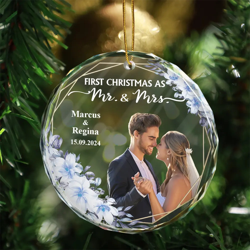 Gift For Couples, Gift For Husband, Gift For Wife, Wedding - Custom Photo First Christmas Married - Personalized Glass Ornament