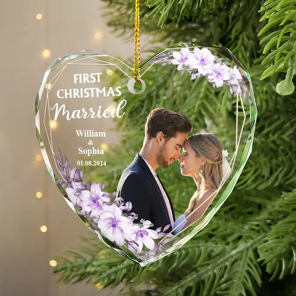 Gift For Couples, Gift For Husband, Gift For Wife, Wedding - Custom Photo First Christmas Married - Personalized Glass Ornament